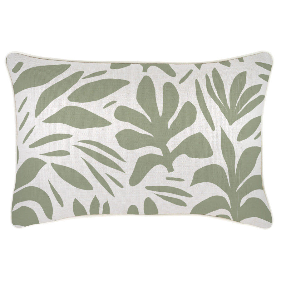 Decorative pillow with green leaf pattern on a white background