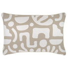 A rectangular throw pillow with an abstract organic pattern in warm taupe and off-white, shown against a plain white background.