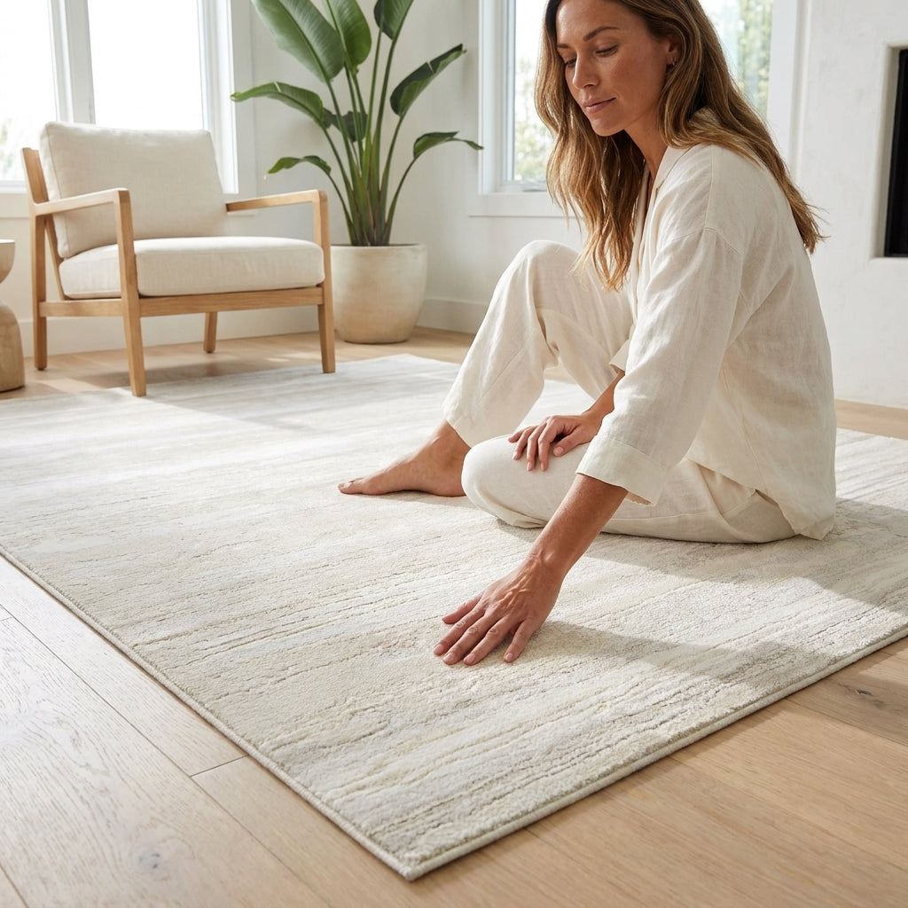 Woman sitting on a textured rug in a bright living room with a plant and chair.