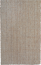 A beige handwoven area rug with a natural boucle texture, made from wool and jute.