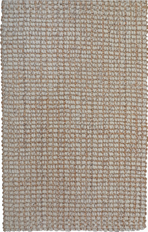 A beige handwoven area rug with a natural boucle texture, made from wool and jute.