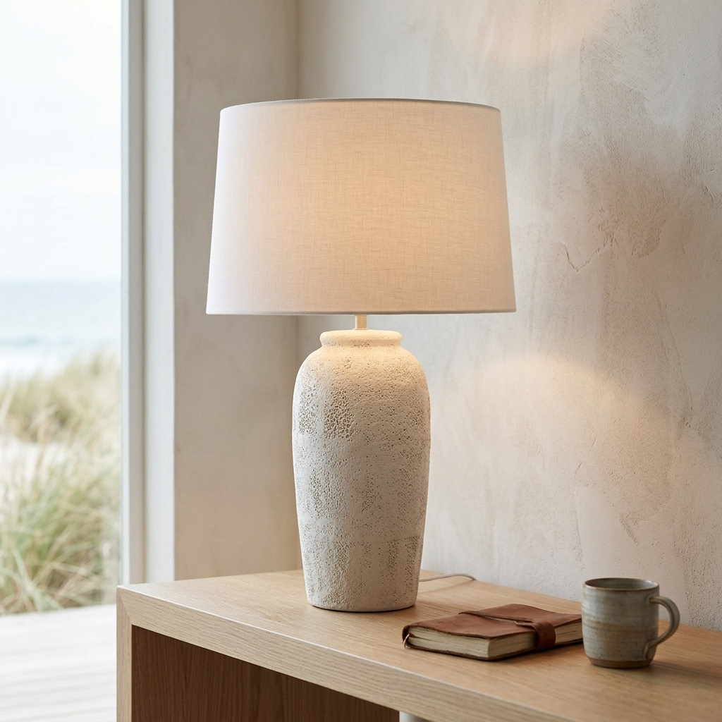 A table lamp with a textured cream ceramic base and a matching fabric drum shade, lit warmly and placed on a light wood console table beside a book and a mug in a softly styled interior near a window.