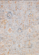 A distressed traditional area rug featuring a faded light gray base with intricate patterns in muted orange, beige, and soft blue.