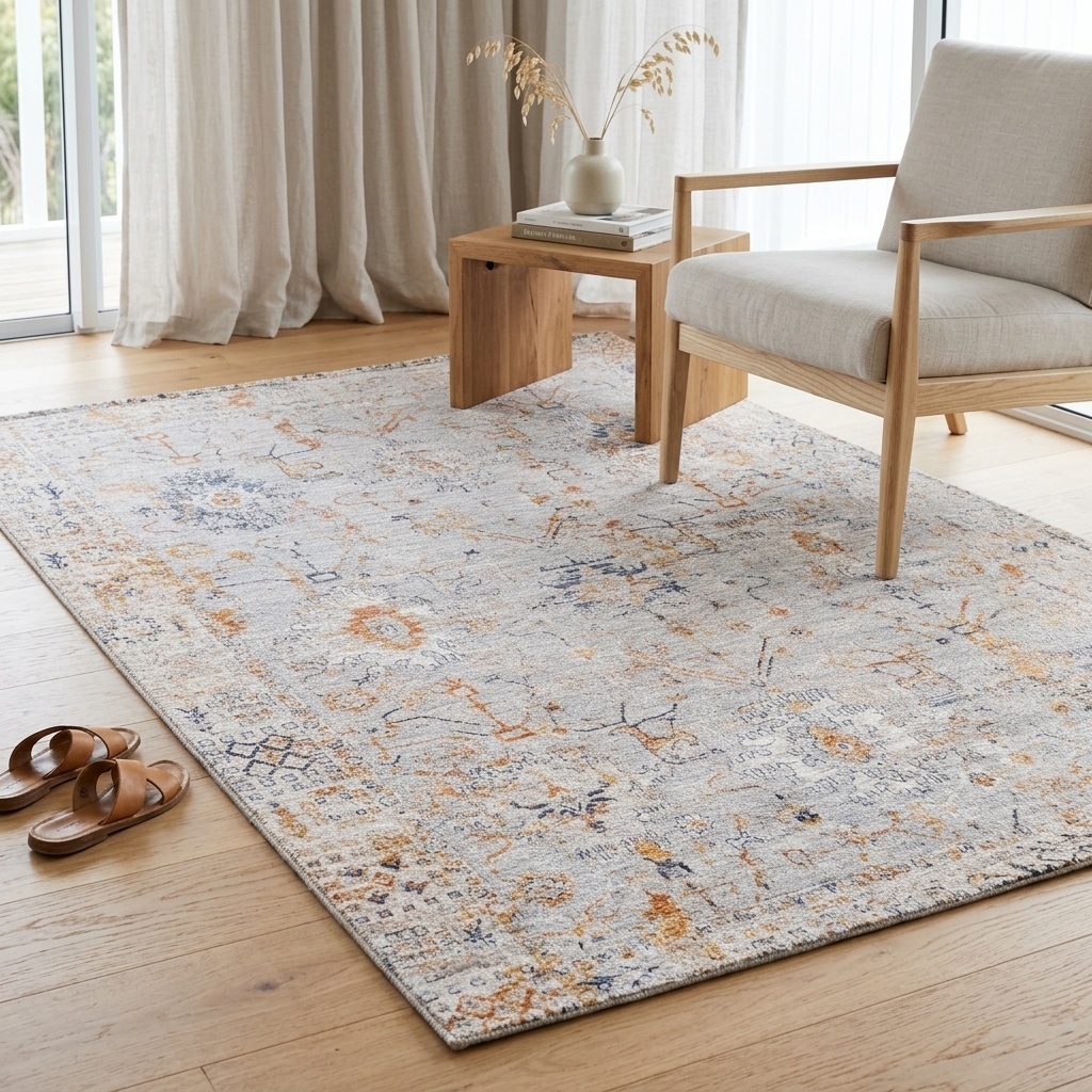 A rectangular area rug with a distressed, vintage-style floral pattern in muted blue, orange, and beige tones, styled on a light wood floor in a bright living room next to a wooden armchair and side table.