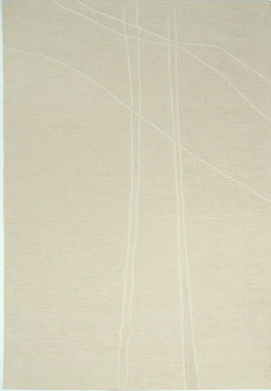 A beige wool rug with a contemporary geometric pattern.