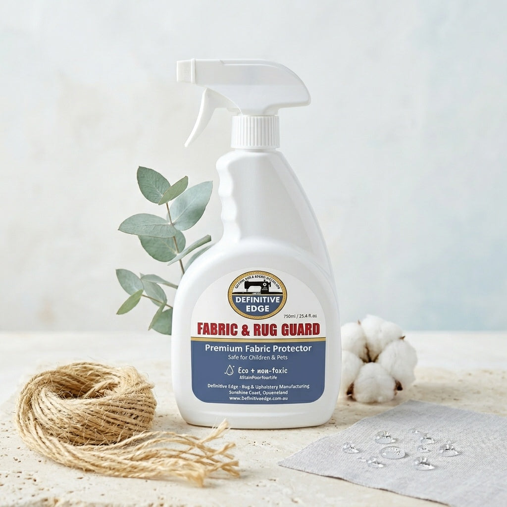 Spray bottle of Definitive Edge Fabric & Rug Guard on a neutral background with decorative elements.
