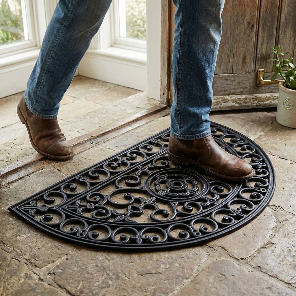 Person wearing jeans and brown boots stepping onto a decorative black doormat.