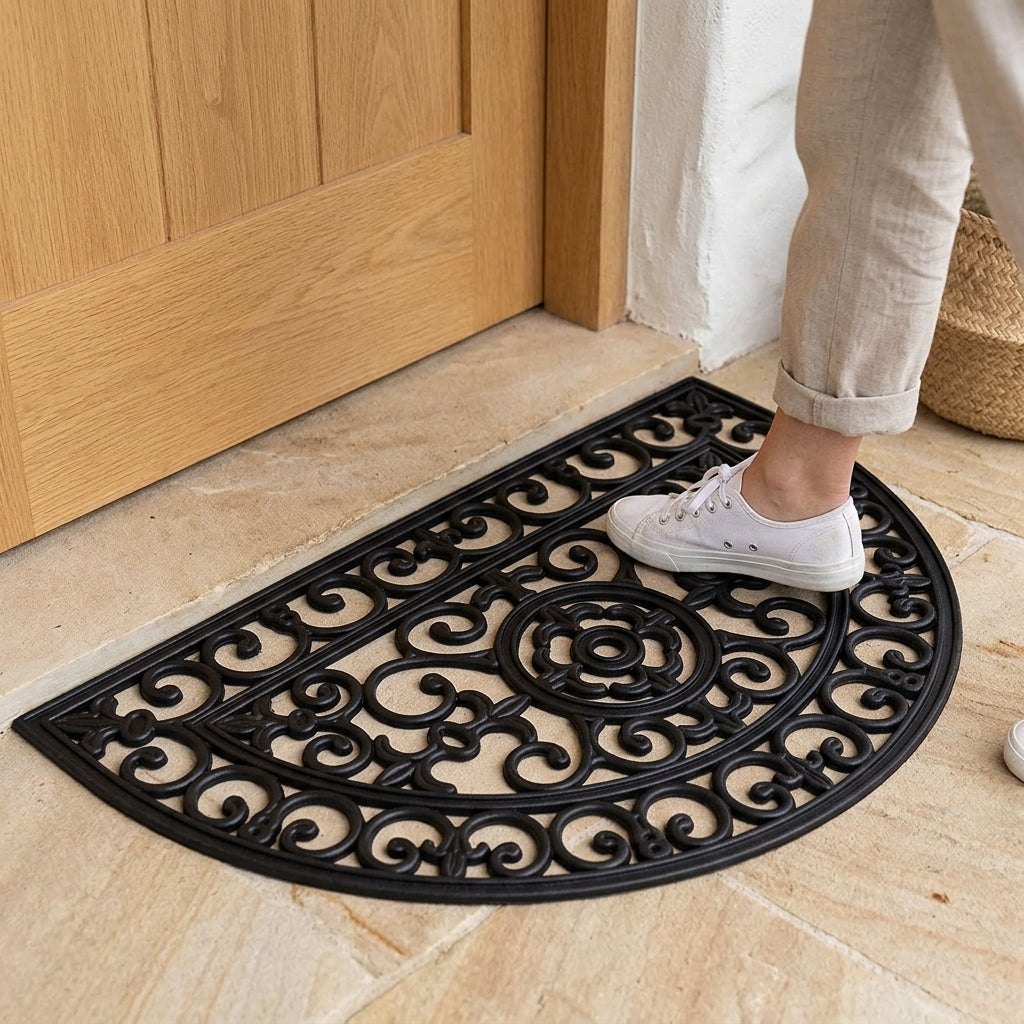 Decorative doormat with intricate design on a tiled floor in front of a wooden door.