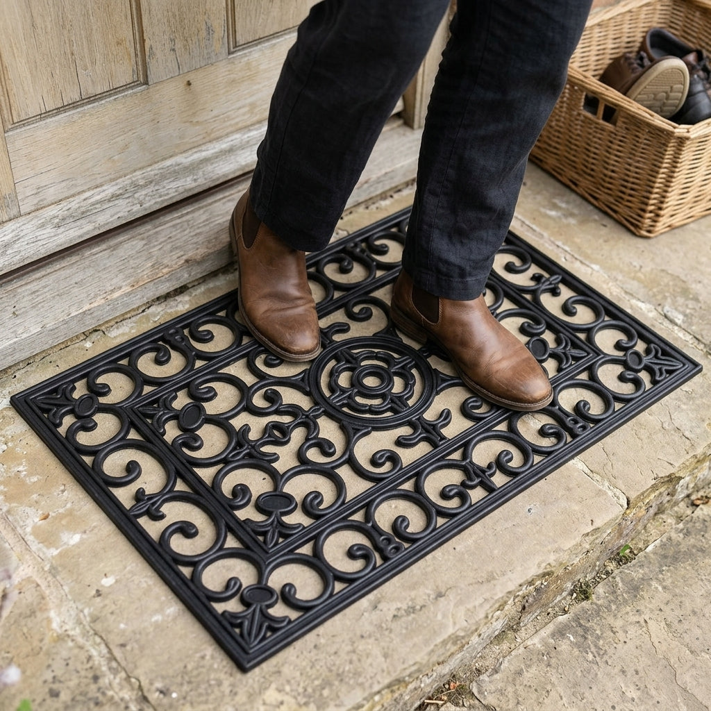 Person wearing brown shoes stepping onto a decorative black doormat with a wooden door and wicker basket in the background.