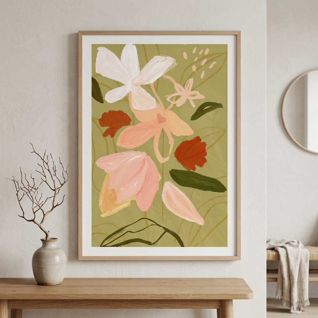 A framed botanical art print featuring stylized flowers in soft pink, peach, white, and rust orange tones on an olive green background, displayed on a light wood console table against a textured off-white wall.