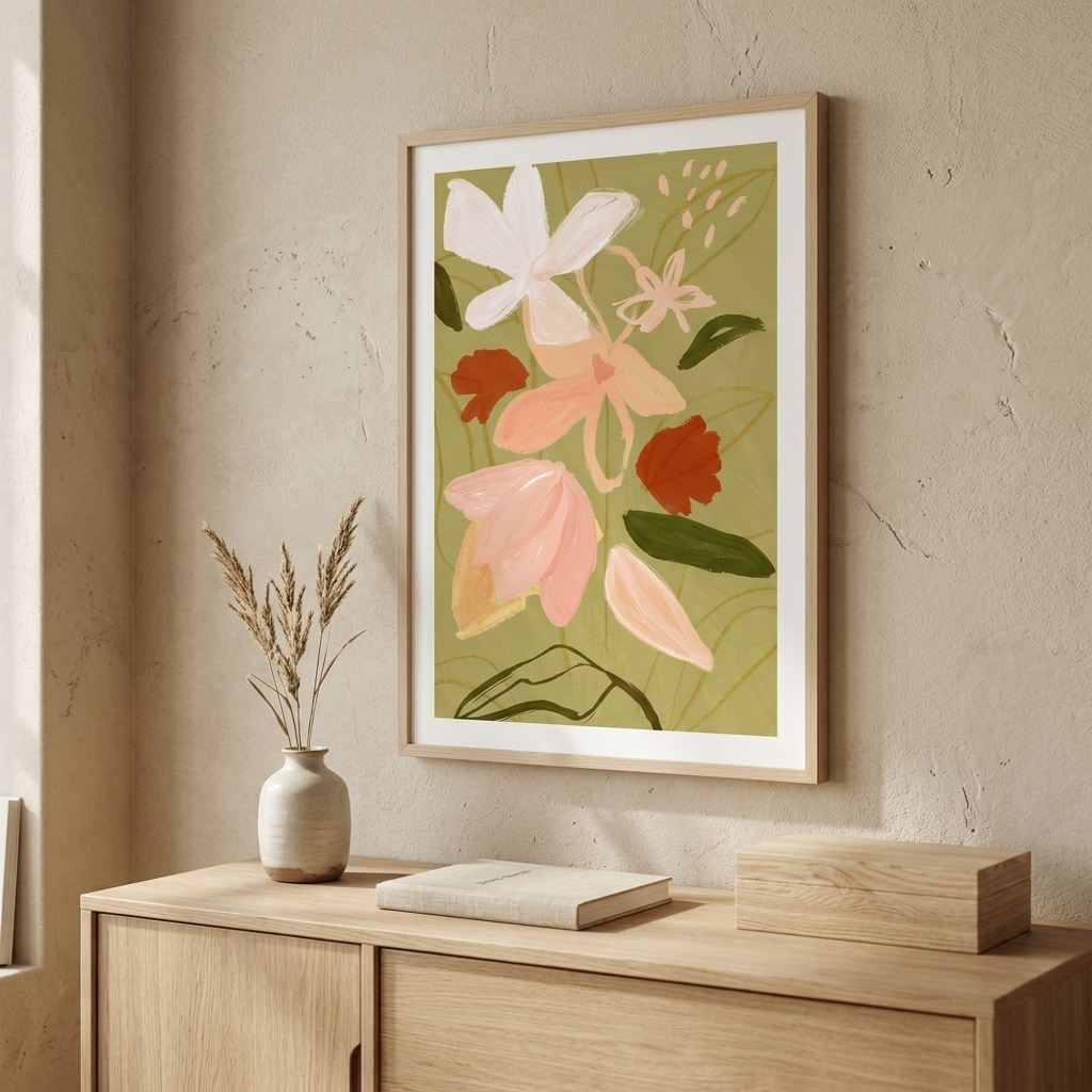 A framed botanical art print featuring pink, white, and rust-red flowers on an olive green background, hanging on a textured beige wall above a light wood console table with a vase and books.