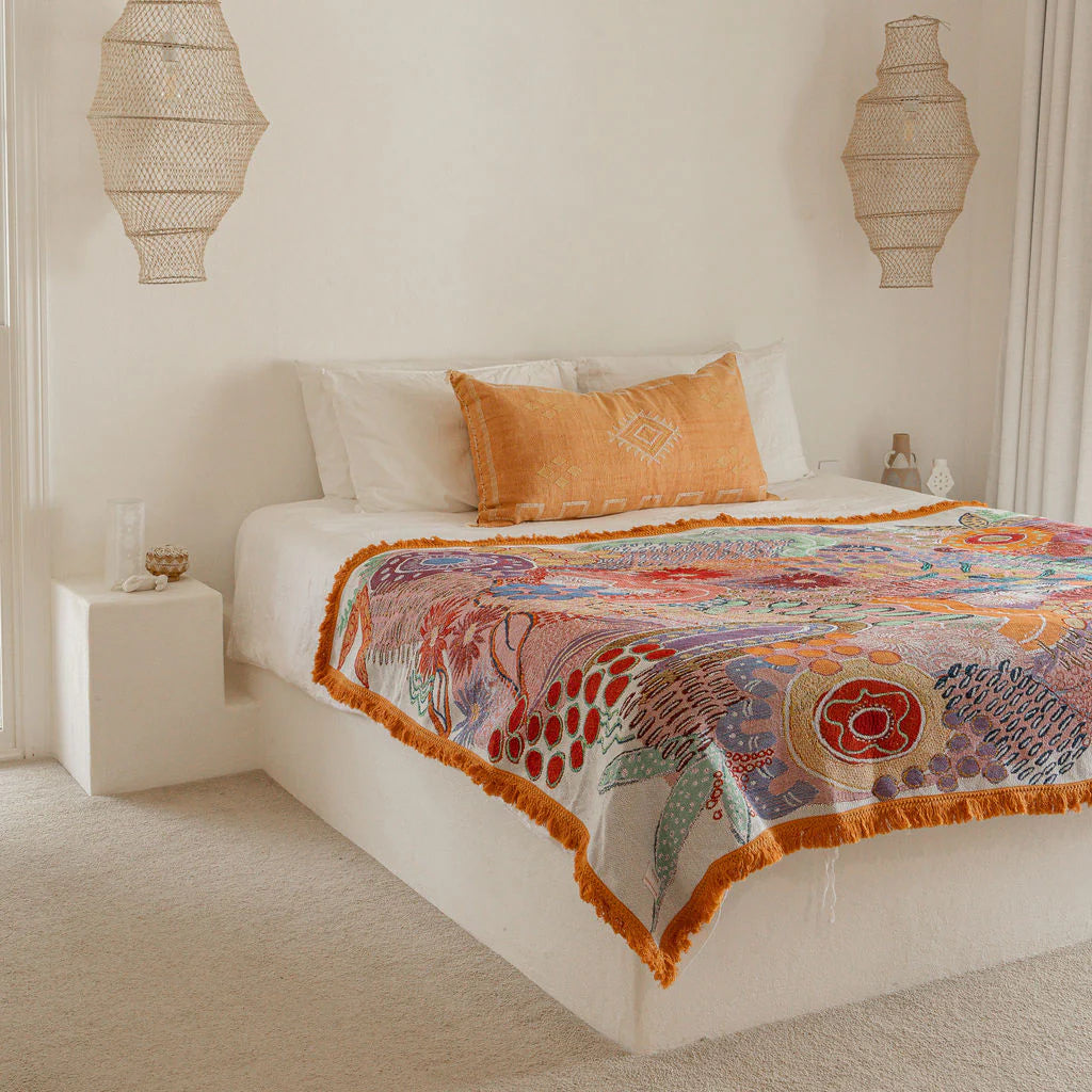 Decorative bedspread with intricate patterns on a bed in a bedroom setting.
