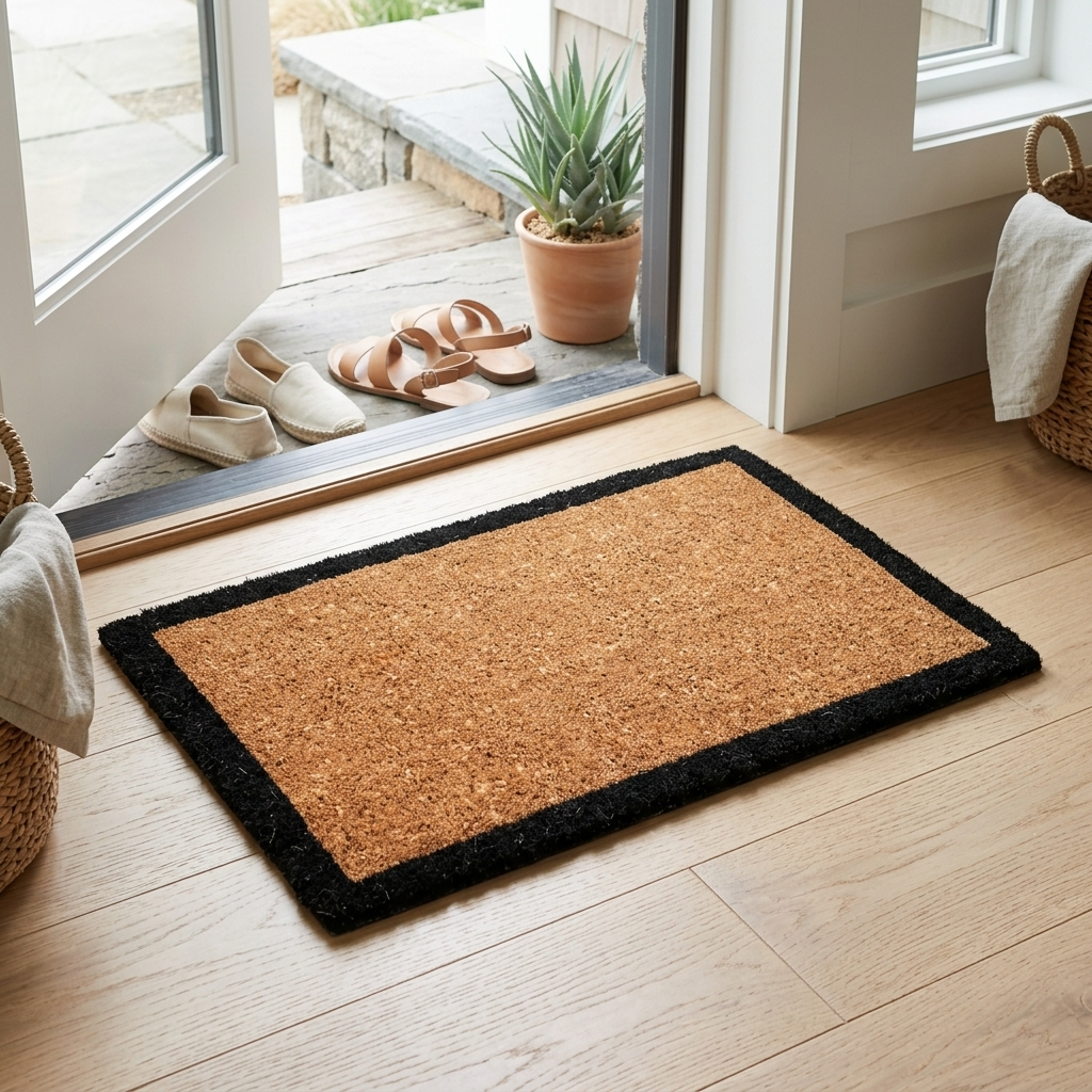 A rectangular coir doormat with a black border, placed on a light wood floor in front of an open glass door. A potted plant, sandals, and slip-on shoes are visible at the doorway, with woven baskets and folded towels nearby.