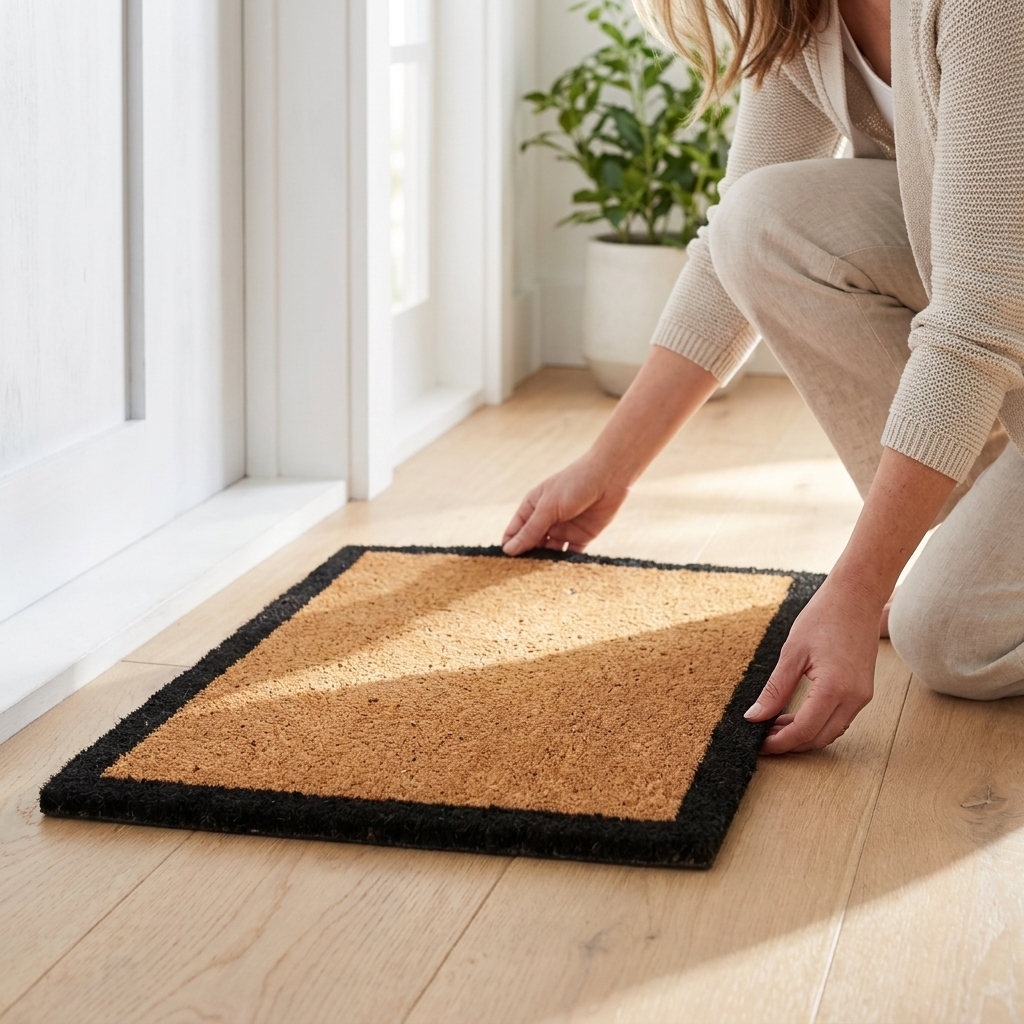 A person kneels on a light wood floor next to a white door, adjusting a rectangular coir doormat with a black border.