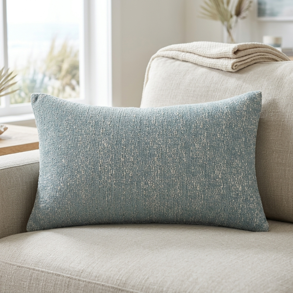 A rectangular throw pillow in a textured slate blue fabric with subtle white flecks, resting on a light beige linen sofa in a bright, modern living room.