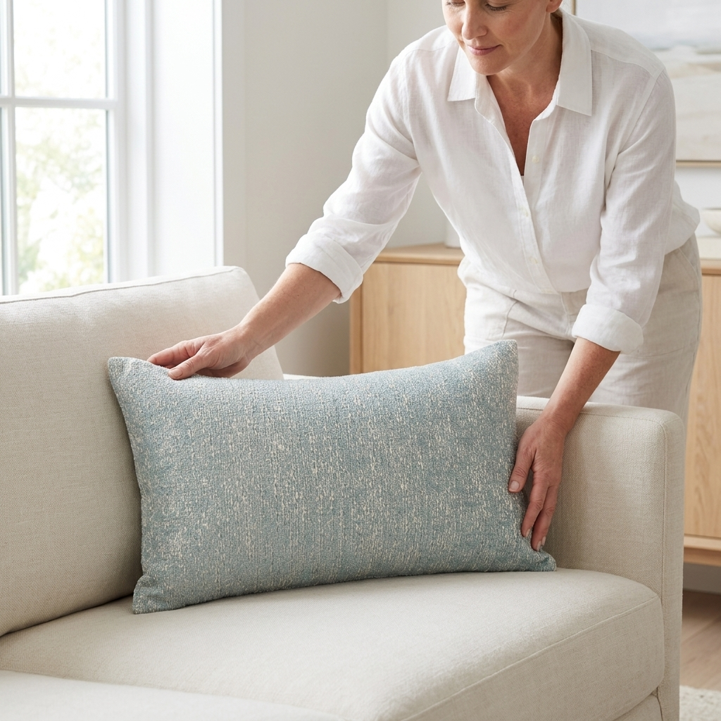 A woman in a white shirt and beige pants adjusts a textured light blue throw pillow on a light beige sofa in a bright, modern living room.