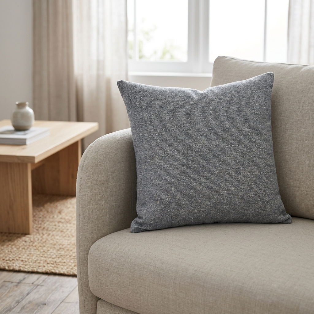 A square gray textured throw pillow resting on a light beige fabric sofa in a bright, modern living room setting.