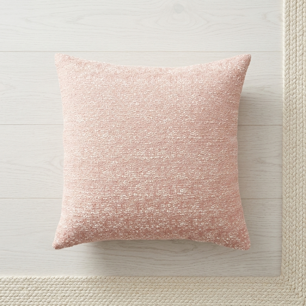 A square throw pillow in a textured, shimmering dusty rose pink fabric, displayed on a light-colored wooden floor next to a woven rug.