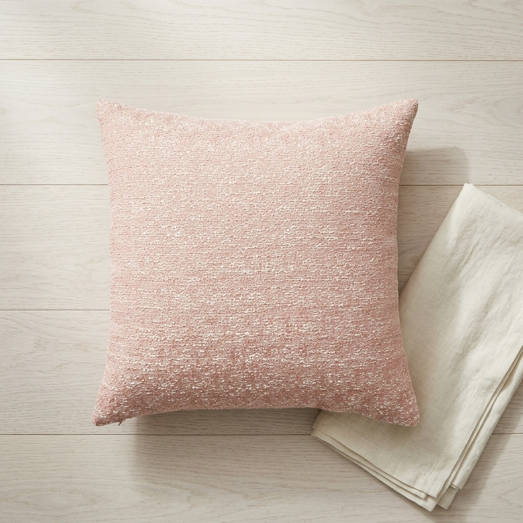 A square blush pink textured throw pillow resting on a light wood plank floor next to a folded cream linen napkin.
