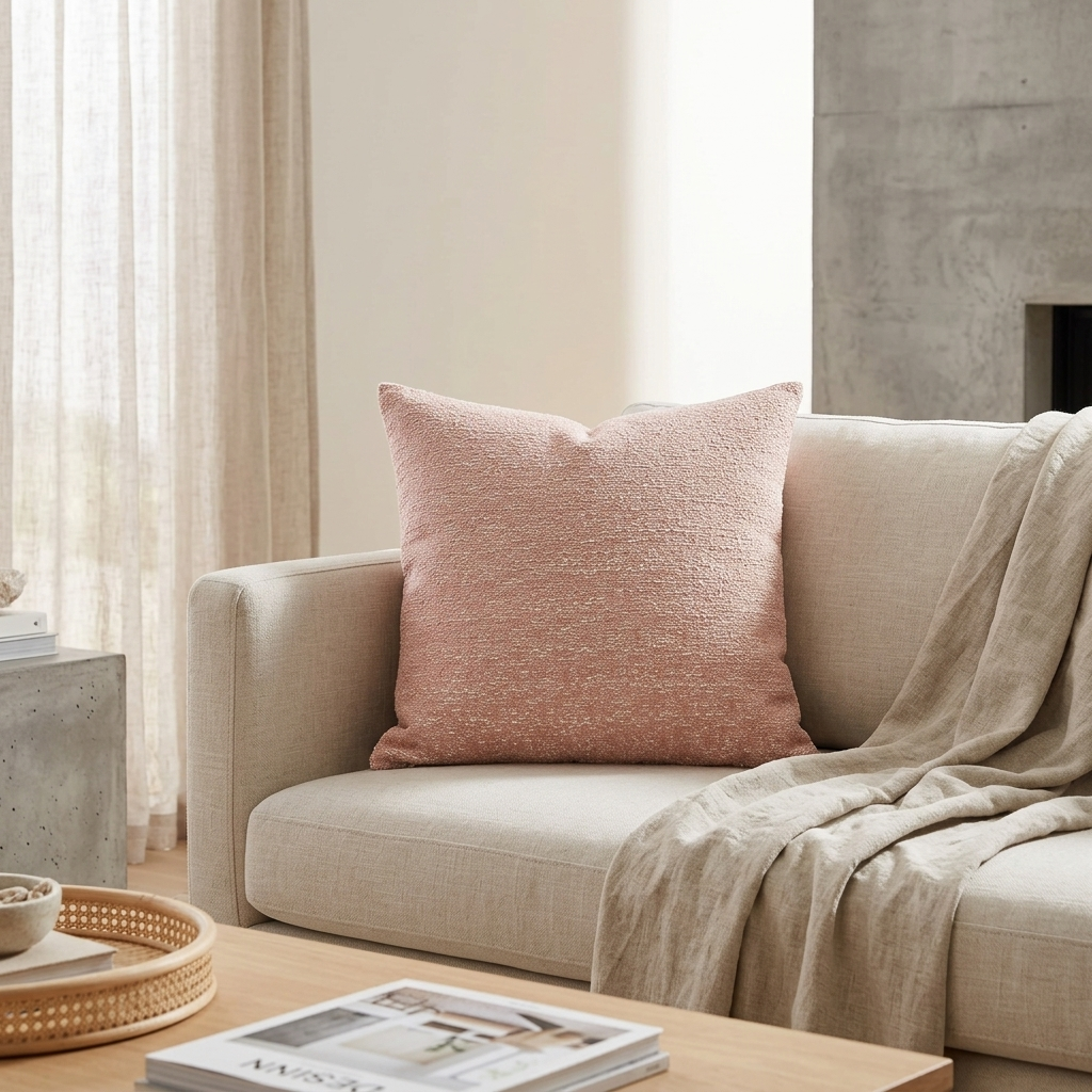 A textured dusty pink throw pillow resting on a light beige fabric sofa in a modern, softly lit living room setting.