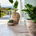 Three large decorative pots with plants on a patio with a scenic view.