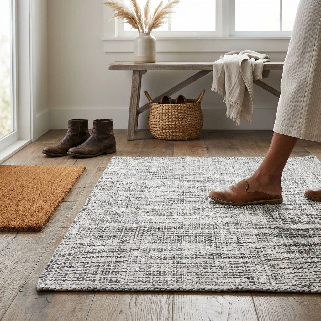 Person walking on a textured rug in a room with a wooden bench and wicker basket.