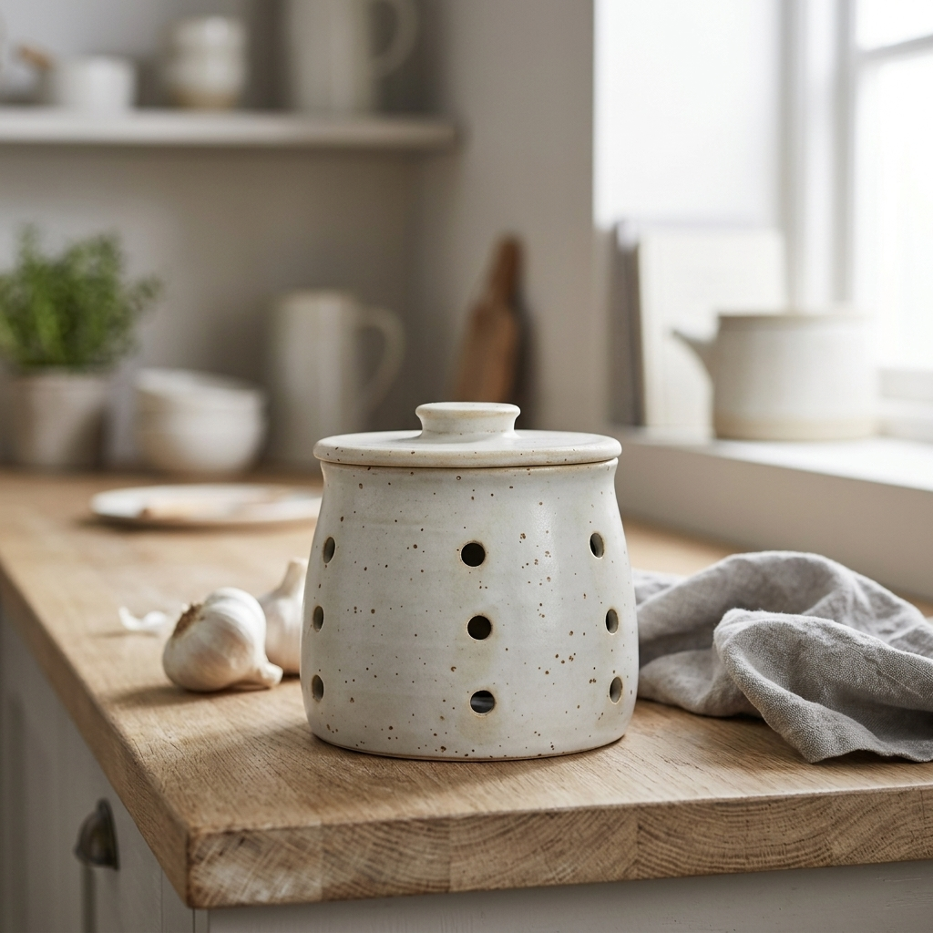 A speckled cream ceramic canister with a lid and circular cutouts, displayed on a rustic wooden kitchen counter next to a gray cloth and garlic.