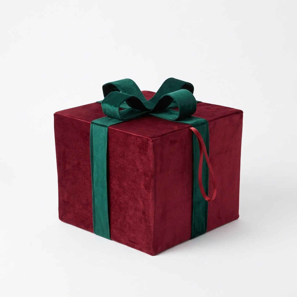 A square gift box wrapped in deep red velvet-like paper with a dark green ribbon and bow, photographed on a clean white background.