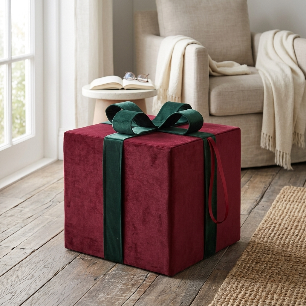 A square ottoman styled like a wrapped gift box in deep burgundy velvet with a dark green ribbon and bow, placed on a rustic wood floor in a cozy living room setting.