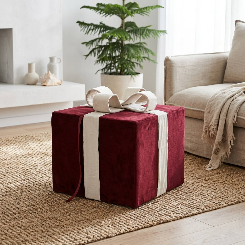 A cube-shaped ottoman upholstered in deep burgundy velvet with a cream fabric ribbon and bow, styled on a woven jute rug in a bright, modern living room.