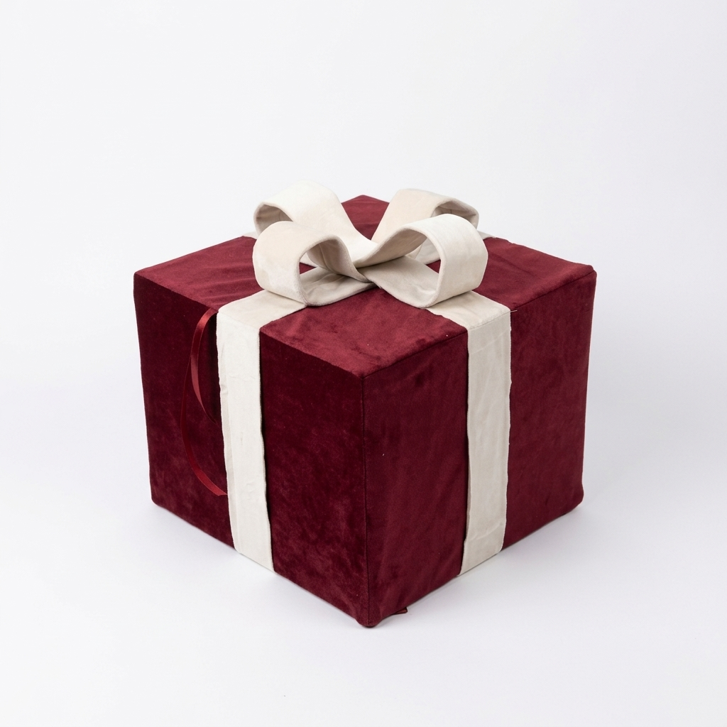 A square gift box wrapped in deep burgundy velvet fabric with a cream-colored satin ribbon and bow, set against a plain white background.