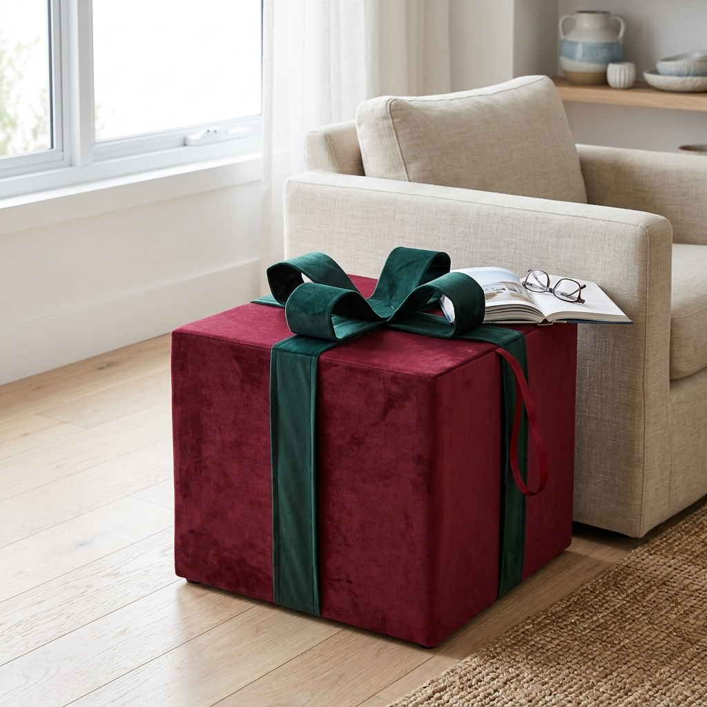 A cube-shaped ottoman or storage box upholstered in deep burgundy velvet, wrapped like a gift with a dark green ribbon and bow, placed beside a beige armchair in a bright living room.