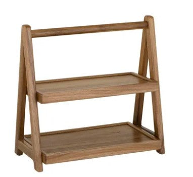 Wooden bookshelf with two shelves on a white background