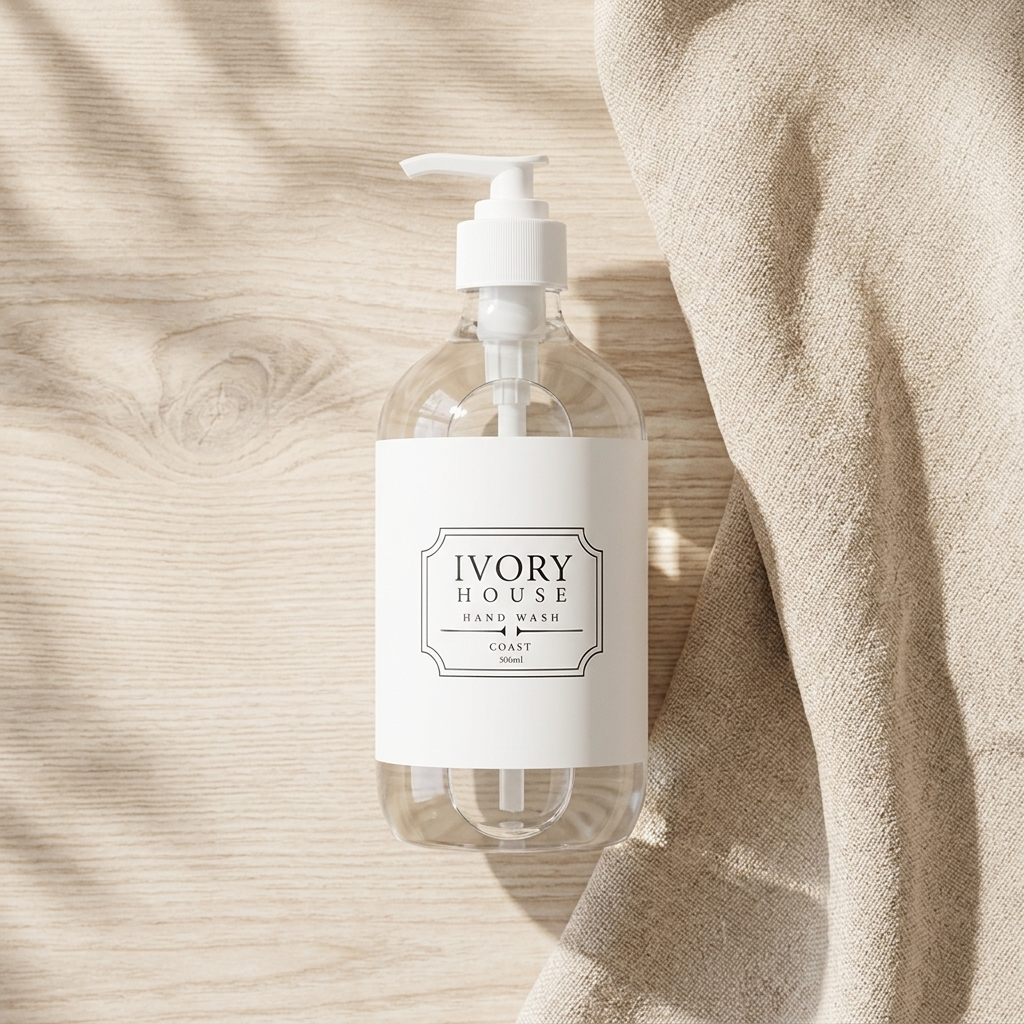 A clear pump bottle of Ivory House Hand Wash with a white label, styled on a light wood surface next to a draped beige fabric.