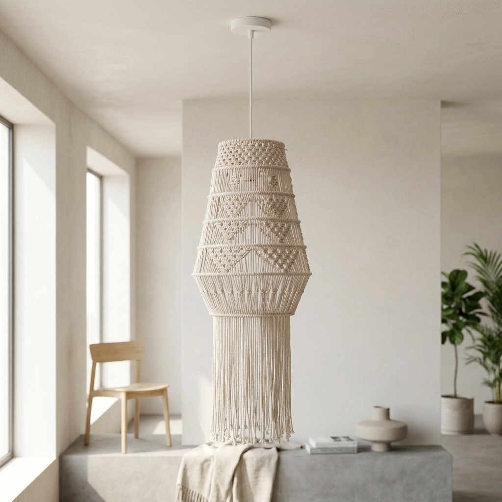 A cream macrame pendant light hanging in a minimalist, bright modern room with a wooden chair, potted plants, and a concrete table.