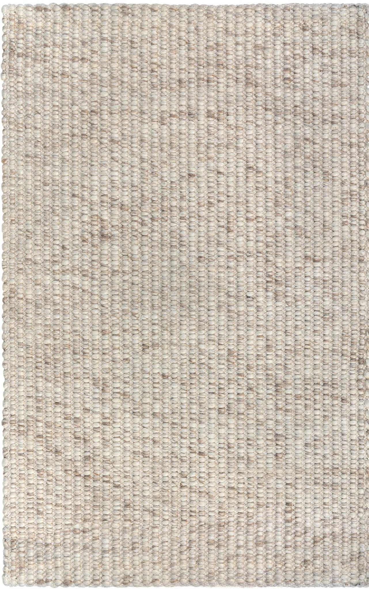 A handwoven rug with a textured looped design in a neutral color, presumably wool/viscose/cotton blend