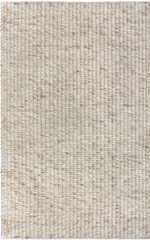 A handwoven rug with a textured looped design in a neutral color, presumably wool/viscose/cotton blend