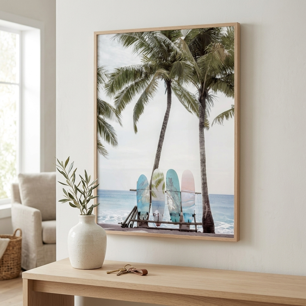 A framed vertical beach art print featuring palm trees and three colorful surfboards on a wooden console table in a bright, modern living room.