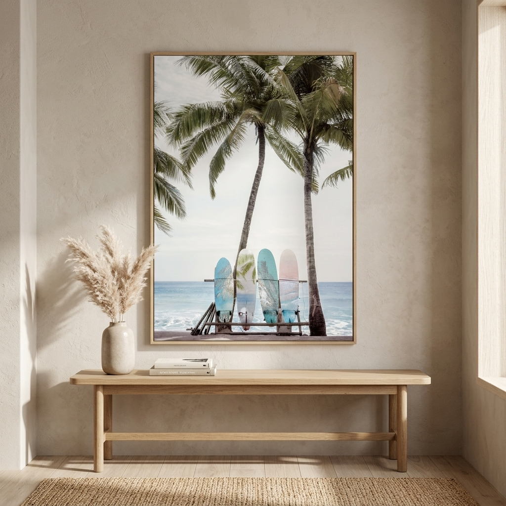 A framed vertical art print depicting a tropical beach scene with palm trees and colorful surfboards, displayed on a beige wall above a light wood bench with a vase of dried grass.