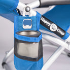 Blue cup holder attached to a bicycle with 'Happy Chap' branding.
