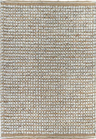 This image focuses on the fine details of the rug, highlighting the interplay between the natural and silver colors, and showcasing the unique texture created by the blend of wool and jute.