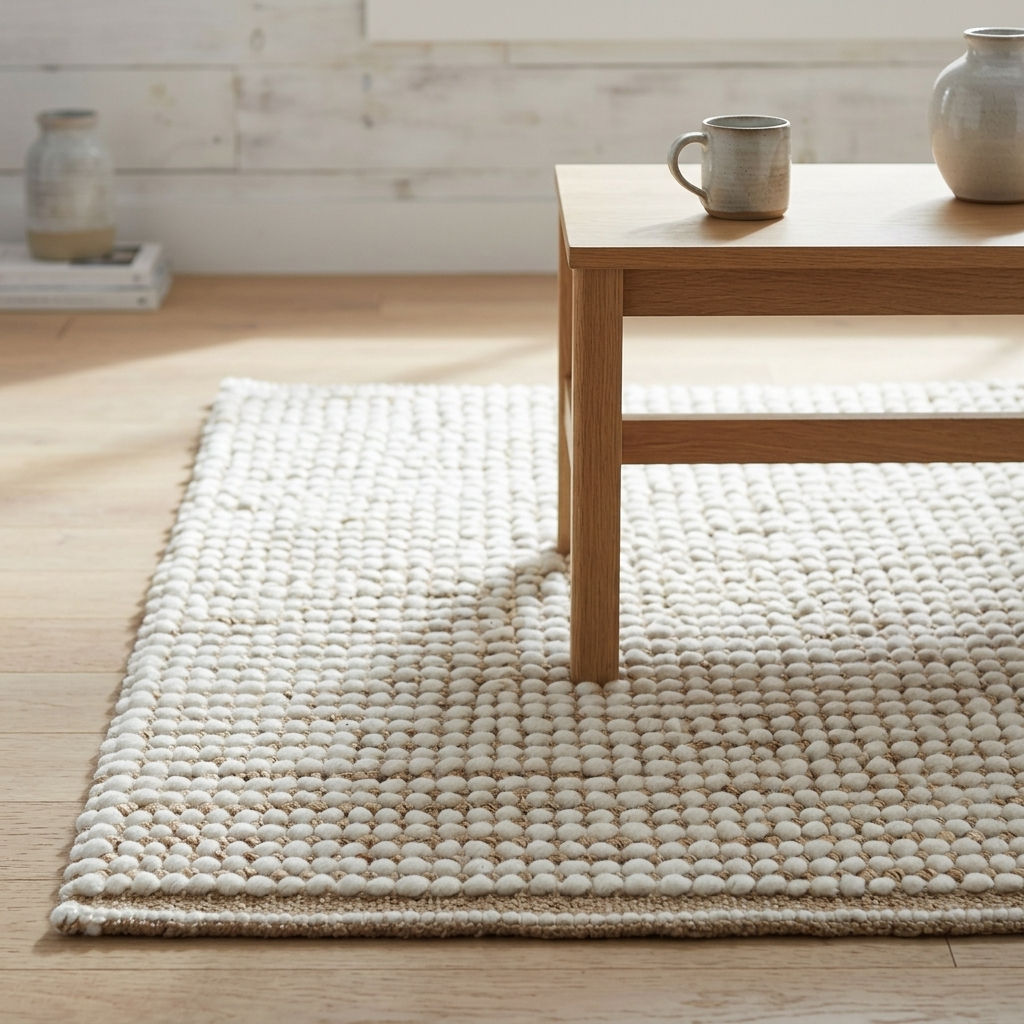 A natural woven jute area rug in a warm cream color, styled in a bright room under a light wood coffee table with a ceramic mug and vase on top.