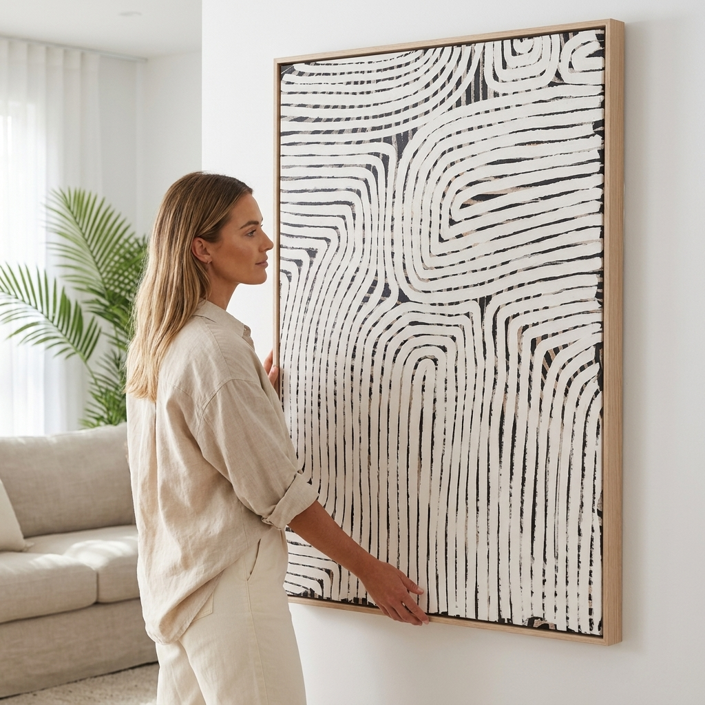 A woman in a beige linen outfit stands in a bright living room, holding a large framed abstract canvas print with black curved lines on a white background.