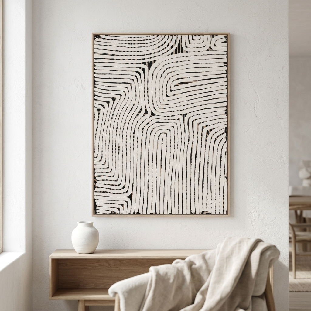 A framed abstract wall art print with black hand-drawn curved lines on an off-white background, hanging on a white wall above a light wood console table with a small white vase and a draped beige throw blanket.