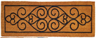 Decorative doormat with black scroll pattern on a brown background