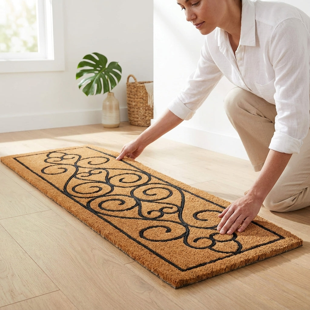 Person placing a decorative doormat on a wooden floor with a plant and basket in the background.