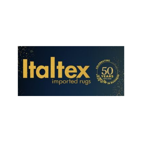 Italtex imported rugs logo celebrating 50 years on a dark blue background