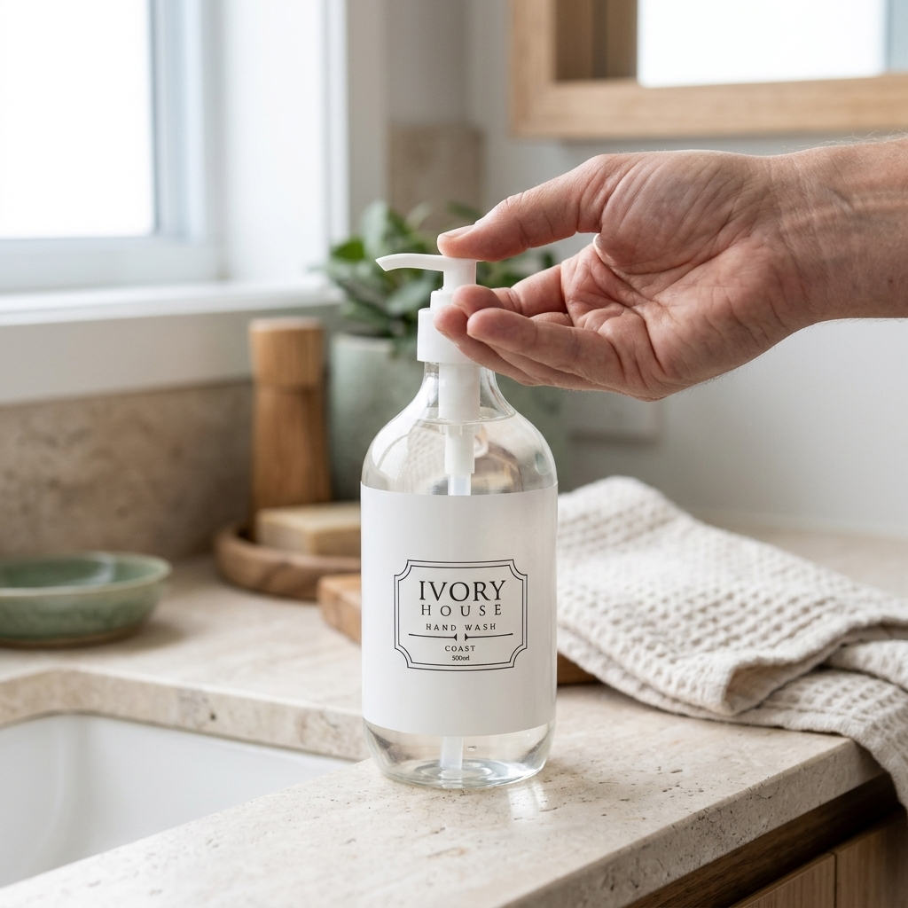 A hand is pressing the pump dispenser of an Ivory House hand wash bottle on a beige stone countertop in a bright bathroom setting.