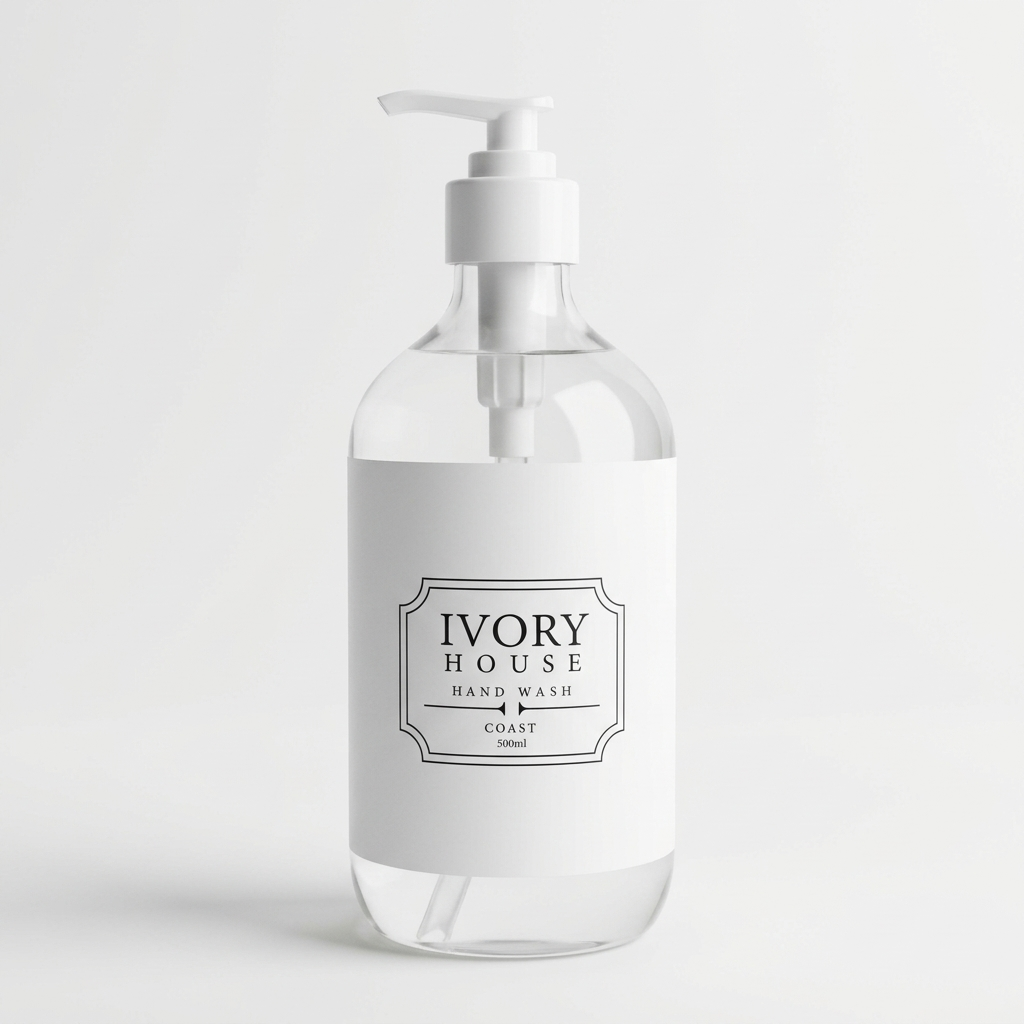 A clear pump bottle of Ivory House Hand Wash with a white label and white pump dispenser, set against a clean white background.