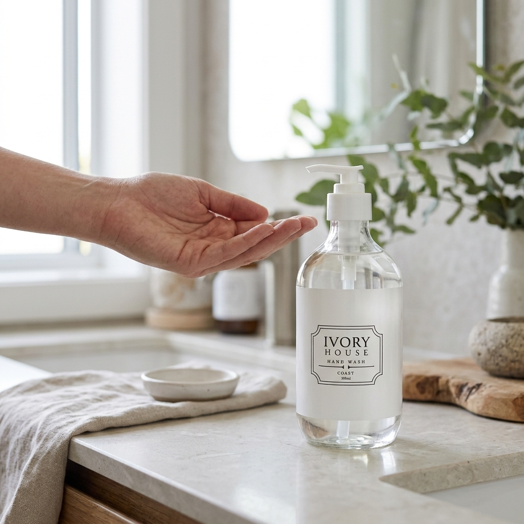 A hand is reaching toward a clear pump bottle of Ivory House Hand Wash on a light stone countertop in a bright bathroom setting.